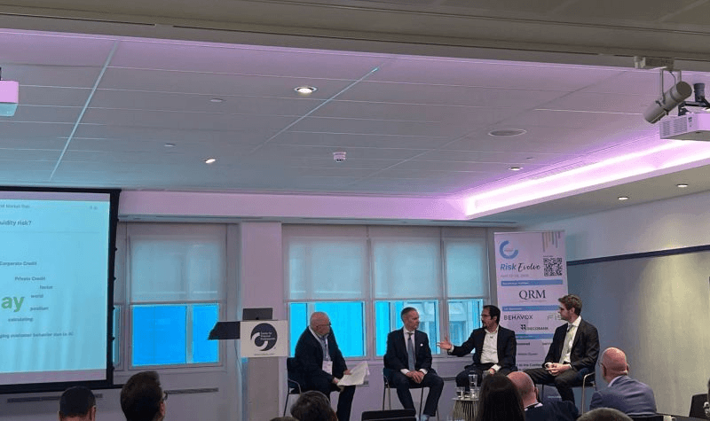 Coskun Tarkocin speaking on a four-person panel at the Risk Evolve 2026 conference